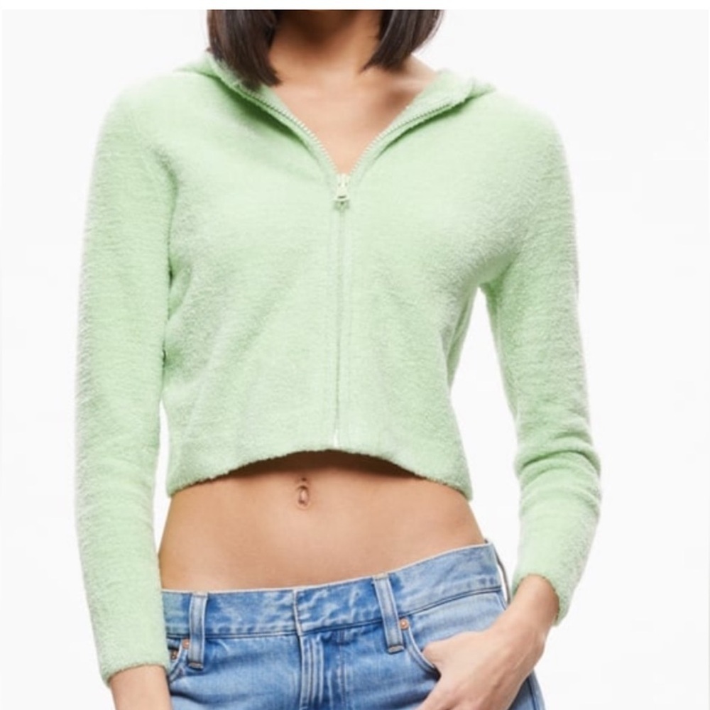 This is an Alice + Olivia Lidell cropped zip-up hoodie in pistachio